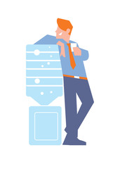 Business banner with smiling businessman in business suit and tie near water cooler, isolated vector illustration on white background. Business people. Office life. Corporate culture.