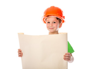 Little builder with paper plan in hands