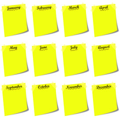 yellow post it with months on white background - calendar icon illustration