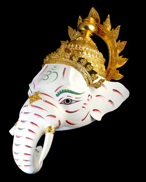 White Ganesha Thailand Khon mask head with Black isolated background