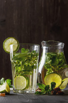 Mint iced tea with lime in the glass. Dark background.
