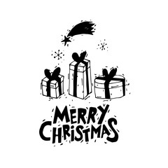 Merry Christmas and Happy New Year. Gifts. Postcard, banner, printed matter, greeting card. Lettering, calligraphy, lino-cut. Black and white. Flat design.