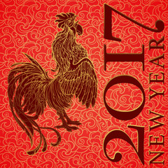 Crowing Rooster on Chinese pattern background