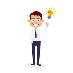 Business idea concept. Happy office manager standing and pointing to the burning light bulb with the idea lettering. Vector cartoon flat character on white background.