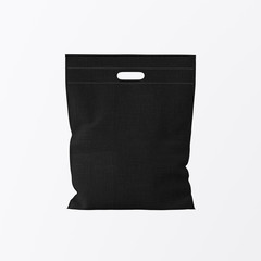 Closeup Black Color Textile Small Bag Isolated Center White Empty Background.Mockup Highly Detailed Texture Materials.Space for Business Text Message. Square. 3D rendering.