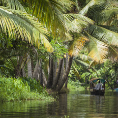 Unidentified indian people in small boat in Kerala backwaters.