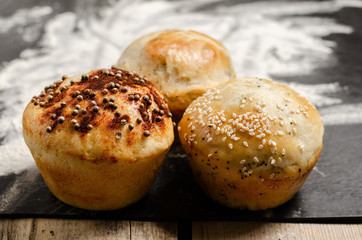 Bakery product. Delicious buns and cooking process. Flour.