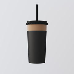Close-up One Blank Plastic Smoothies Cup Isolated White Background.Take Away Cocktail Mug Closed Black Cap Tube Top.Retail Mockup Presentation Ready Business Message.Square. 3d rendering.