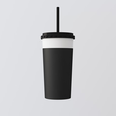 Close-up One Blank White Smoothies Cup Isolated Empty Background.Take Away Cocktail Mug Closed Black Cap Tube Top.Retail Mockup Presentation Ready Business Message.Square. 3d rendering.