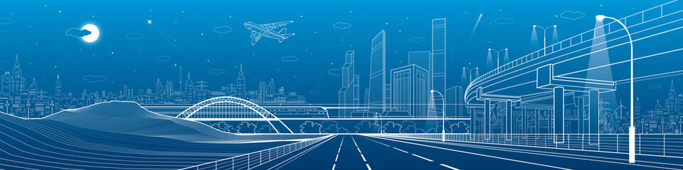 Infrastructure panorama. Car overpass, city skyline, urban scene, plane takes off, train move, transport illustration, mountains, white lines on blue background, vector design art