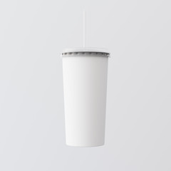 Closeup One Blank White Plastic Smoothies Cup Isolated Gray Background.Take Away Cocktail Mug Closed Cap Tube Top.Clean Retail Mockup Presentation Ready Business Message.Square. 3d rendering.