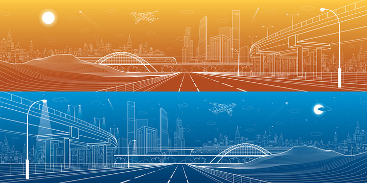 Infrastructure panorama. Car overpass, city skyline, urban scene, plane takes off, train move, transport illustration, mountains, white lines on blue and orange background, vector design art