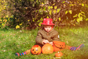 little boy in halloween costume in autumn