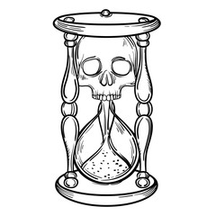 Decorative antique death hourglass illustration with skull. Hand drawn tarot card. Sketch for dotwork tattoo, hipster t-shirt design, vintage style posters. Coloring book for kids and adults.