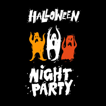 Happy halloween poster, banner, fly-er. Lettering, calligraphy, lino-cut. Halloween party. Flat design vector illustration.