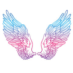 Fototapeta premium Line art illustration of angel wings. Hand drawn vector card. Sketch for dotwork tattoo, hipster t-shirt design, vintage style posters. Coloring book for kids and adults.