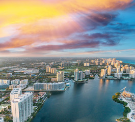 Skyline of Miami Beach, overhead view at dusk