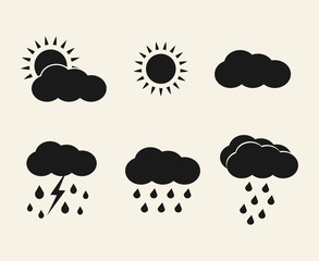 Vector weather icons set. Sun, clouds, rain, lightning.