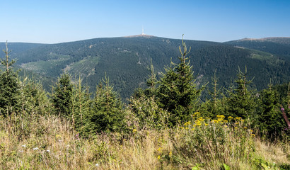 Praded hill and Petrovy kameny hill with rock formation from Dlouhe Strane hill in Jeseniky mountains