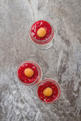 Obraz na płótnie Canvas Italian dessert. Vanilla panna cotta with raspberry jam. Stone b