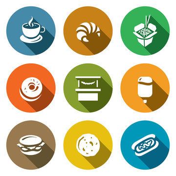 Vector Set of Street Fast Food Icons. Coffee, Croissant, Chinese Noodle, Donut, Shop, Ice Cream, Burger, Pancake, Hotdog.