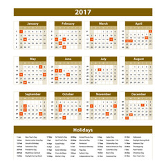 Calendar 2017 set 12 month on brown background vector illustration.