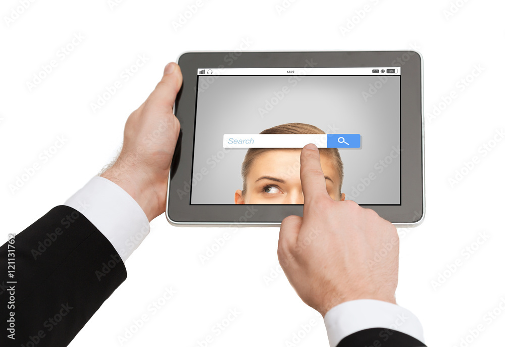 Sticker close up of hands holding tablet pc with