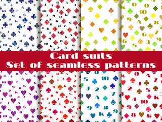 Set of seamless patterns with suits of playing cards. Vector illustration.