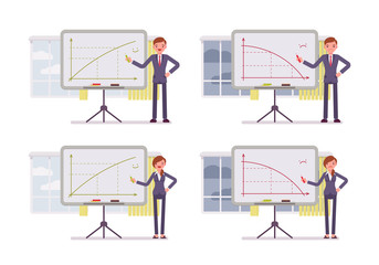 Man and woman points to positive and negative charts on the blackboard. Cartoon vector flat-style concept illustration