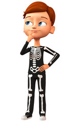 Cheerful guy in a skeleton suit thinking.3d render illustration.