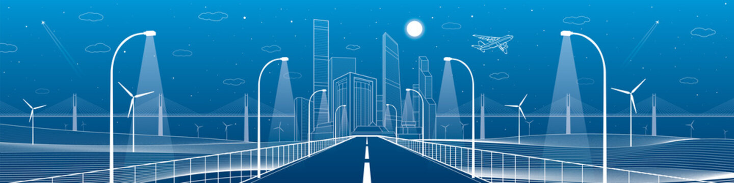 Infrastructure panorama. Highway. Road lighting lanterns. Business center, architecture and urban illustration, neon city, white lines composition, skyscrapers and towers, vector design art