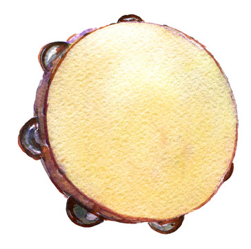 watercolor sketch of tambourine on white background