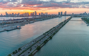 Miami causeway from the air. Aerial view of Florida coastline