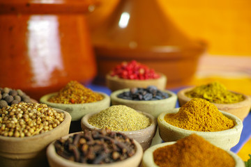 Collection of different spices in old clay bowls in colorful oriental style
