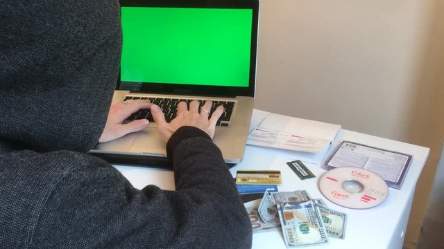 Hacker Cyber Crime Scene. Green Screen Notebook. A hacker is a highly skilled computer expert. Someone who seeks and exploits weaknesses in a computer system or computer network