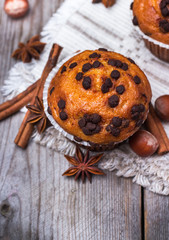 Fototapeta na wymiar Homemade chocolate chip spicy muffins cake for breakfast