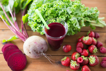 glass of beetroot juice, fruits and vegetables