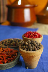 Dried red, hot chili, black, white peppers in old clay bowls in oriental style