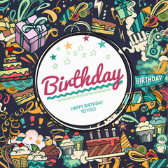 Birthday background. Collage photo frame card. Album template for kid, baby, family or memories. Scrapbook concept, vector illustration.