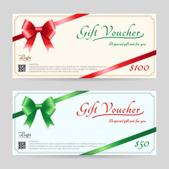 Christmas gift card or gift voucher template with shiny red and green bows with ribbon vector