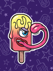Melting ice cream (popsicle) which licking itself. Funny cartoon style vector illustration. Placed on seamless pattern.
