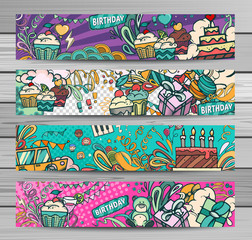 Obraz premium Happy birthday abstract vector illustration. Party and celebration design cards. Illustration of balloon, gifts, fireworks, ribbon, confetti, cake, pie, drinks omics style