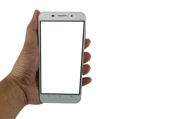  female teen hand holding smartphone, isolated in white with white screen