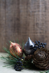 Christmas decoration, fir cones and forest berries copy space