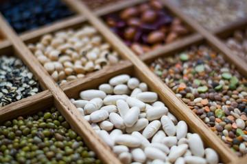 Collection assorted of lentils, beans, peas, grain, groats, soyb