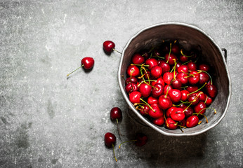Fresh cherry in the old pot.