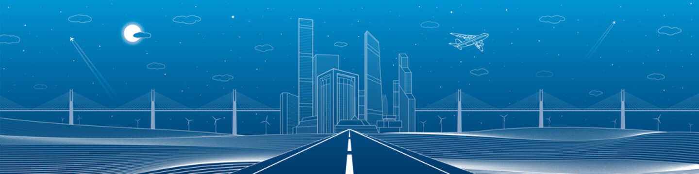 Infrastructure panorama. Highway. Big bridge, business center, architecture and urban illustration, neon city, white lines composition on blue background, skyscrapers and towers, vector design art