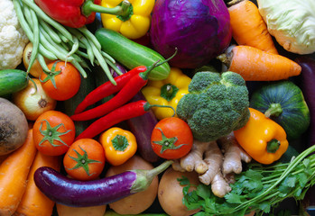 Vegetables background, assortment of raw vegetables close up
