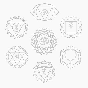 the seven chakras with Sanskrit alphabet vector set black and white
