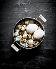 Quail and chicken eggs in an old pot.